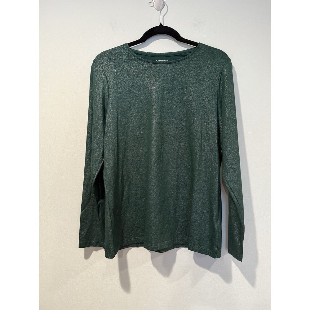 Lands End Top Womens Medium Green Sparkle Cotton Stretch Dopamine Travel Minimal